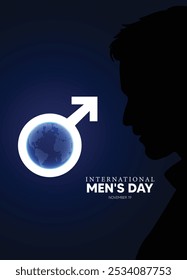 International Men's Day 19 November glowing globe on male symbol vector poster 