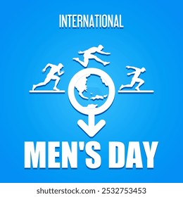 International Men's Day with athletic figures in action, surrounding a globe and a male symbol, symbolizing men's global contributions and achievements.