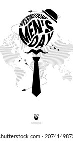 International Men's Day Background  Vector Illustration with beard and mustache, abstract world map, and swipe up button Suitable for story or social media status, greeting cards, banner, and poster.