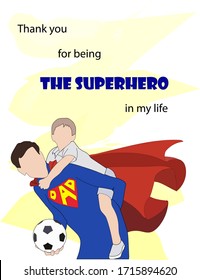 International Men's Day card. Happy father's day. Dad birthday, Dad Superhero Vertical Card With Man Riding Son On Back On Yellow-White Background. 