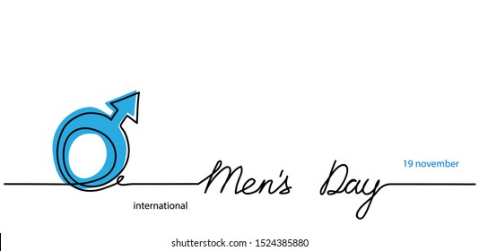 International men's day concept, background. One continuous line drawing hand drawn sketch with blue mens sign.