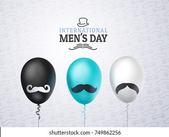 International men's day or Father's Day vector greeting card. Realistic balloons black, white, blue with mustache on light background. Pattern of mustache. For your design, layout. 3d illustrations.