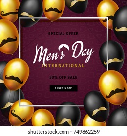 International men's day or Father's Day vector greeting card. Realistic balloons black, gold with mustache symbol on dark red background with border. Pattern of hats. Discount text. 3d illustrations