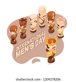 International Men's Day. Isometric cartoon chess pieces King,  Bishop, Rook, Pawn. Men's  Day greeting card, poster with cute chessman. Vector flat style 3d illustration.