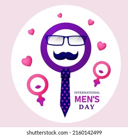 International Men's Day. Male symbol with a tie mustache and glasses against the background of female symbols and hearts.