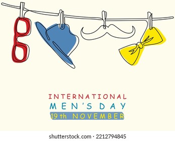 International men's day in november. Poster design concept with elements representing men. Male gender. One continuous line art. Isolated banner ideas for man's day.