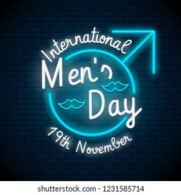 International Men's Day poster. Mars gender symbol. Light, bright neon banner at brick wall. Vector, isolated, eps 10.