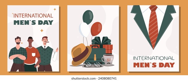 International mens day posters set. Traditional holiday and festival. Young guys with cigars and mustache. Tie, glasses and hat. Cartoon flat vector collection isolated on yellow background