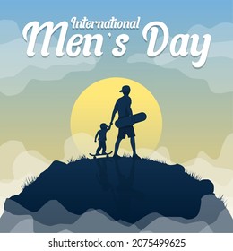 International men's day theme illustration. illustration of father and son carrying skateboards with a view on the mountain.