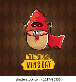 International mens day vector greeting card with  funny cartoon cute brown super hero potato with red hero cape and mask on brown pattern background. Mens day text label