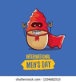 International mens day vector greeting card with funny cartoon cute brown super hero potato with red hero cape and mask on blue background. Mens day text label