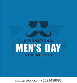 Dia Internacional do Homem. Ilustração vetorial. Ilustração de silhueta listrada de bigode masculino, óculos e mapa do mundo. Adequado para Pôster, Banners, campanha e cartão de saudação.