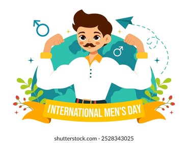 Dia Internacional dos Homens Ilustração Vetorial em 19 de novembro Apresentando Acessórios Masculinos como Laços e Mustaches em um Plano de Fundo de Desenho Animado Estilo Plano