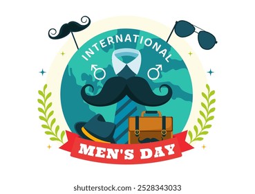 Dia Internacional dos Homens Ilustração Vetorial em 19 de novembro Apresentando Acessórios Masculinos como Laços e Mustaches em um Plano de Fundo de Desenho Animado Estilo Plano