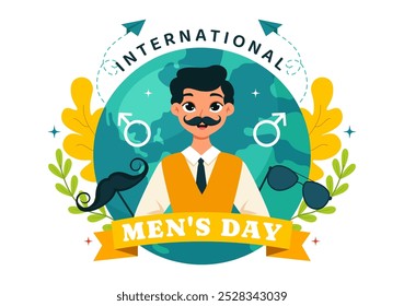 Dia Internacional dos Homens Ilustração Vetorial em 19 de novembro Apresentando Acessórios Masculinos como Laços e Mustaches em um Plano de Fundo de Desenho Animado Estilo Plano