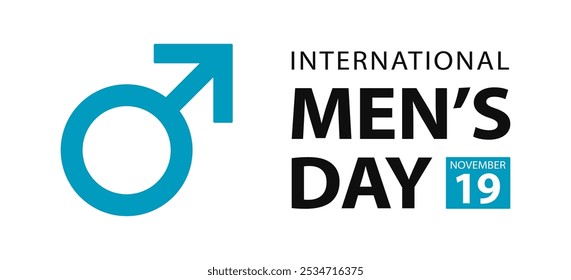 International Men's Day, vector web banner design. Text International Men's Day, 19 november and male sign isolated on white background.