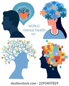 International Mental Health Day is a day devoted to increasing understanding of mental health concerns. Mental disorders can influence an individual's feelings, thinking, actions. Vector Illustration.