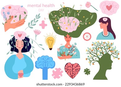 El Día Internacional de la Salud Mental es un día dedicado a aumentar la comprensión de los problemas de salud mental. Los trastornos mentales pueden influir en los sentimientos, pensamientos, acciones de los individuos. Ilustración vectorial.