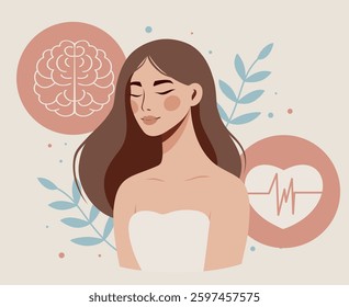 International Mental Health Day. Women's mental health. Vector tender illustration of woman girl in harmony and calm in head brain and heart. Psychotherapy or psychology concept for health projects
