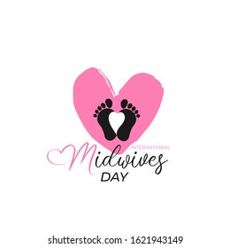 International Midwives day, 5 may. Midwives day greeting cards, poster, banner, flyer or textile print. Baby feet on pink heart background.