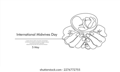 Día internacional de las parteras. Un dibujo continuo de una línea de las manos con un bebé recién nacido. Concepto de proteger al niño, salvar al niño.