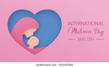 International Midwives Day. Female doctor holds a newborn baby in a heart shaped background. Greeting card to the midwife. Design for banner. Vector illustration in 3d paper cut art style.