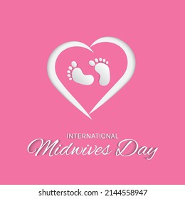 International midwives day greeting cards, pink and white with symbols of love and baby feet, for banners, posters and social media templates.vector illustration