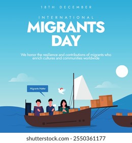 Día Internacional del Migrante, 18 de diciembre Anuncio, post. Anuncio conceptual del Día del Migrante con familias de migrantes sentadas en un bote cruzando el mar.  La jornada sensibilizará sobre los retos a los que se enfrentan los migrantes.