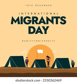 International migrants day. 18th December Migrants day celebration banner with Migrants living in tents. The day raise awareness of the challenges faced by migrants, and giving them rights, dignity. 