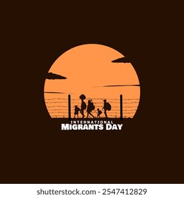 International Migrants Day to commemorate on December 18th. Illustration of migrants with a barbed wire fence and sunset on dark brown background.