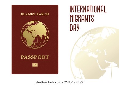 Dia Internacional do Imigrante, 18 de dezembro. Pessoas que se mudaram para viver em outro país. Refugiado político. Passaporte estrangeiro com a inscrição planeta terra. Cidadão do mundo. Ilustração vetorial.