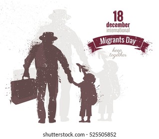International Migrants Day  flyer, banner or poster. Silhouette of a man holding his sun hand and suitcase.  Vector illustration