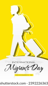 International Migrants Day poster with a man walks carrying a suitcase and a backpack