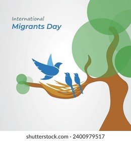 Día Internacional del Migrante, plantilla de vectores. Las aves anidan y los árboles como concepto de refugio para el Día Internacional del Migrante.