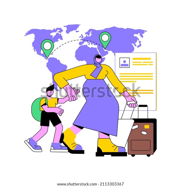 International migration abstract concept vector\
illustration. International migrants, border control, movement of\
people, leaving a country, application form, travel with bag\
abstract\
metaphor.