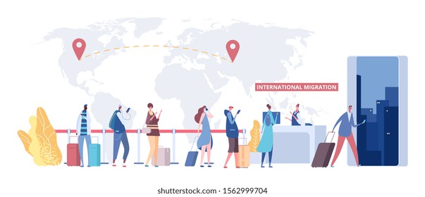 International Migration Concept. Immigrants Queue, World Map And Destination Points. Vector Global Migration, Flat People With Travel Bags