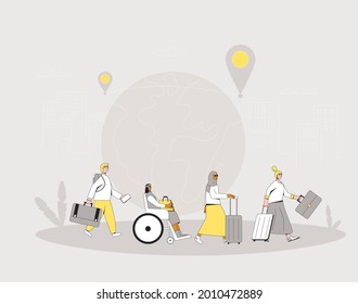 International migration. Group of different people with bags and suitcases. Filled line vector illustration.