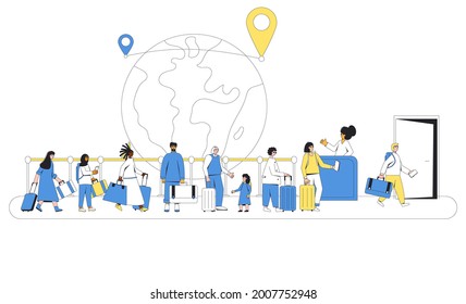 International migration. Immigrants queue. Group of different people with bags and suitcases. Filled line vector illustration.