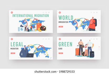 International Migration Landing Page Template Set. Characters Legal World Immigration. Travelers and Tourists Make Document for Leaving Country and Traveling Abroad. Cartoon People Vector Illustration