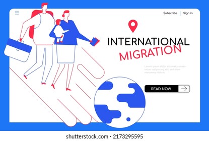 International migration - modern flat design style web banner with line elements and copy space for text. An illustration with young family with belongings moving into a new place. Planet Earth