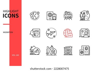 International migration - modern line design style icons set on white background. Collection of flight, passport and luggage, family, visa, search for housing, renting an apartment, starting life anew