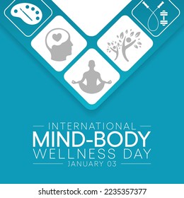 International Mind - Body wellness day is observed every year on January 3rd, to remind people of the importance of wellness. Vector illustration