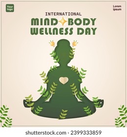 International Mind-Body Wellness Day. Papercut silhouette of woman in yoga meditation practice, with plant elements, 3d vector, suitable for health and events