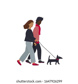International mixed couple hold hands walking dog illustration. Spring summer season everyday life routine mood inspiration graphic design. Hand drawn picture. Simple vector symbol.