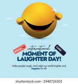 International moment of laughter day. 14th April International moment of laughter day celebration banner with yellow emoji having big smile with no eyes. Speech bubbles of laugh in different languages