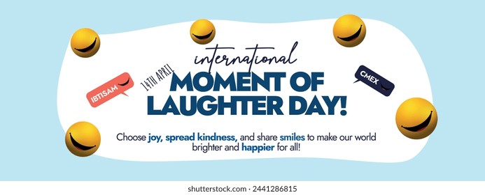 International Moment of laughter day. 14th April International Moment of laughter day cover banner with multiple yellow emojis having big smile. Laughter day cover banner template.