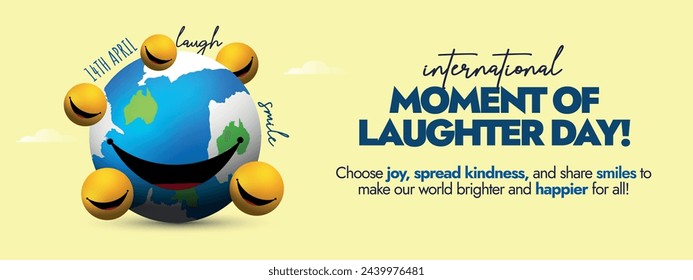 International moment of Laughter day.14th April World Laughter day celebration cover banner with earth globe having big smile and yellow smiling emojis around it. Laughter day cover banner concept.