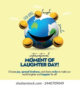 International moment of Laughter day.14th April World Laughter day celebration banner with earth globe having big smile and yellow smiling emojis around it. Laughter day cover banner concept.