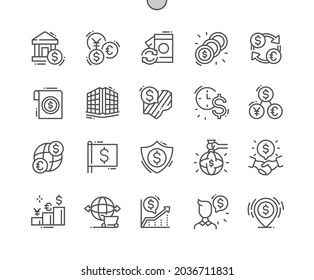International Monetary Fund. Bank. Currency exchange. Financial deal. World currency. Pixel Perfect Vector Thin Line Icons. Simple Minimal Pictogram