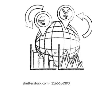 international money in pin pointer with sphere and statistical graphic